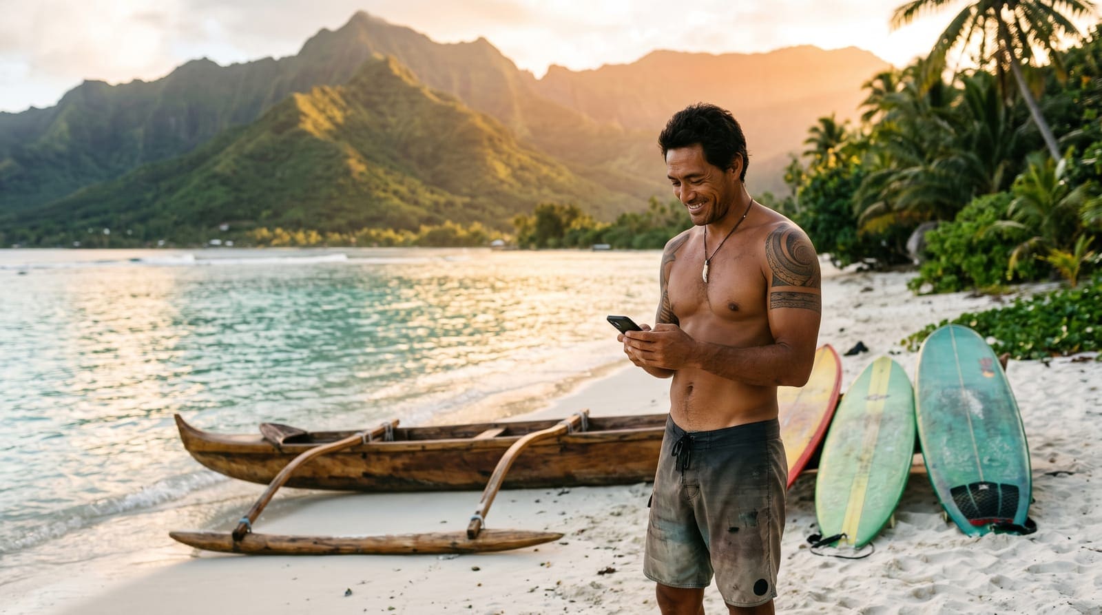 Un moniteur de surf polynésien sur la plage, téléphone en main