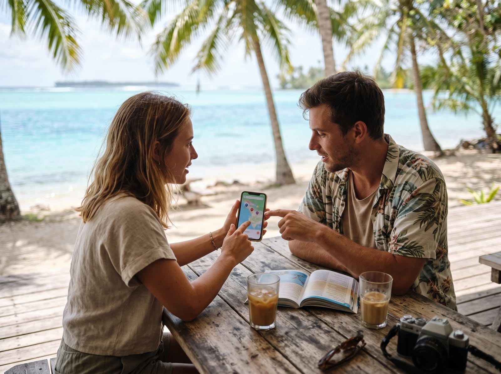Un couple de voyageurs choisit une activité sur son téléphone