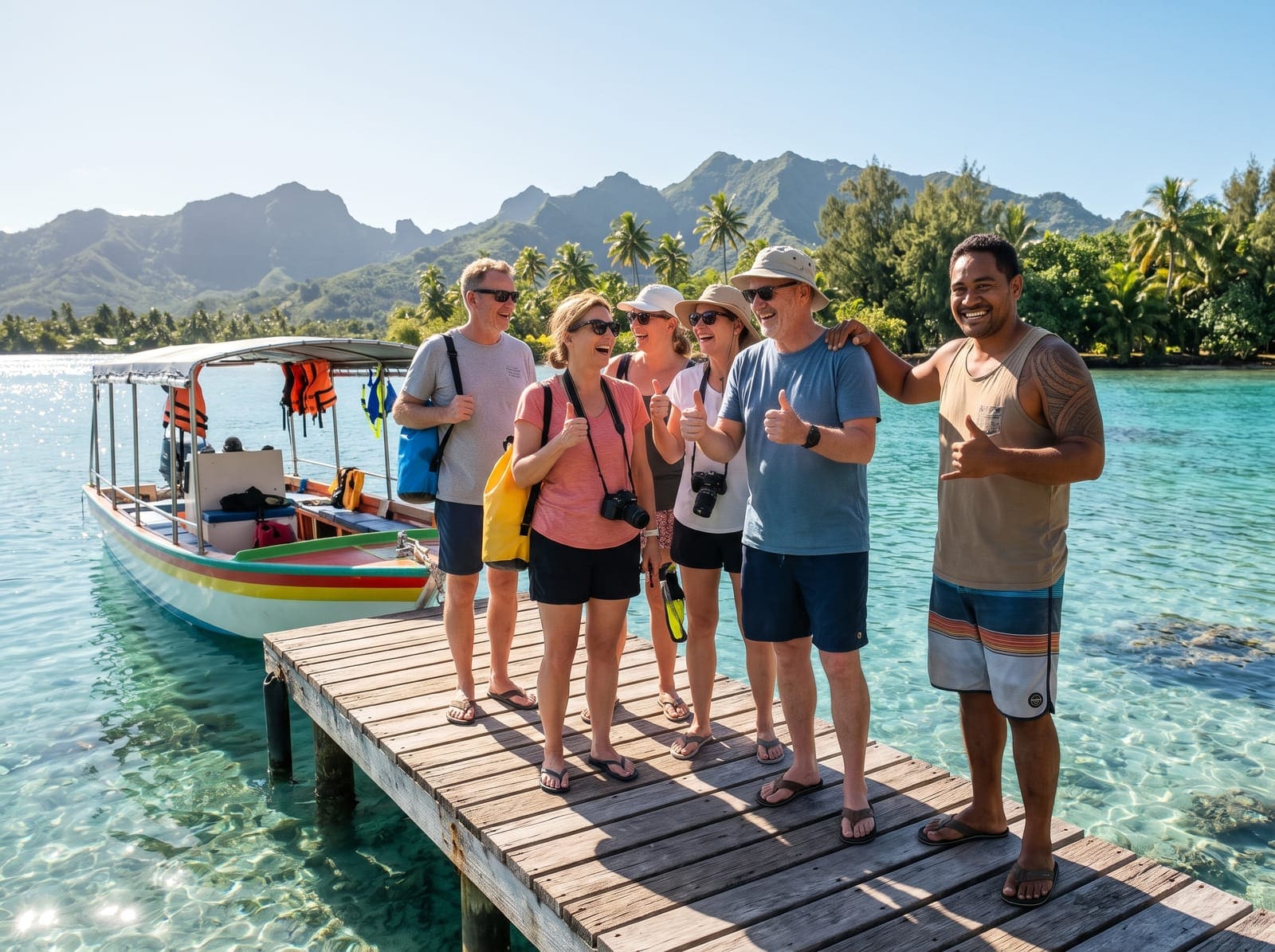 Des touristes ravis après une sortie en bateau sur le lagon