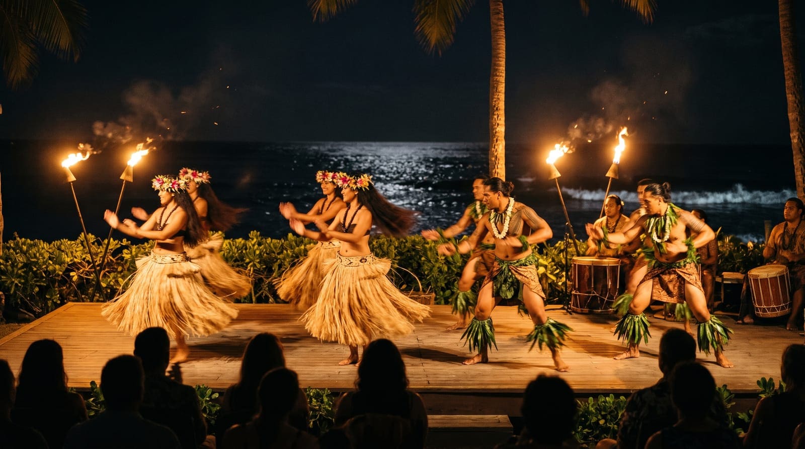 Spectacle de danse polynésienne de nuit au bord de la mer