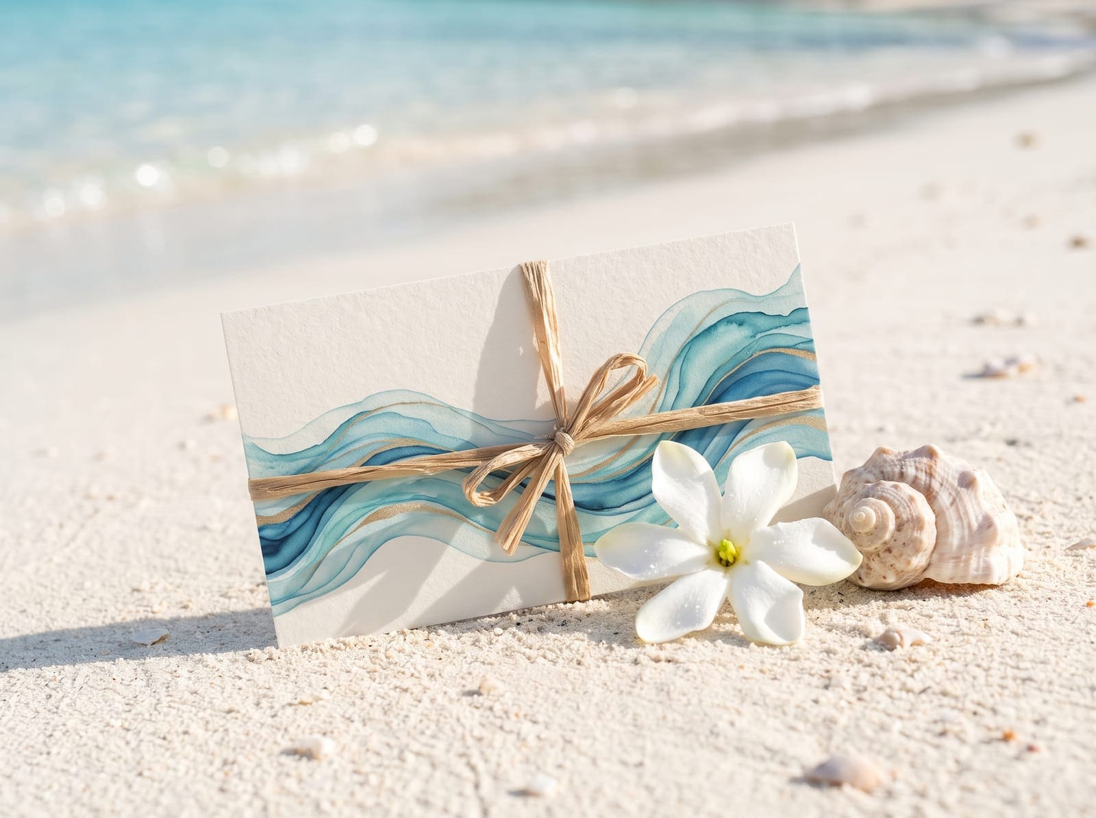 Un bon cadeau noué d’un ruban, posé sur le sable avec une fleur de tiare